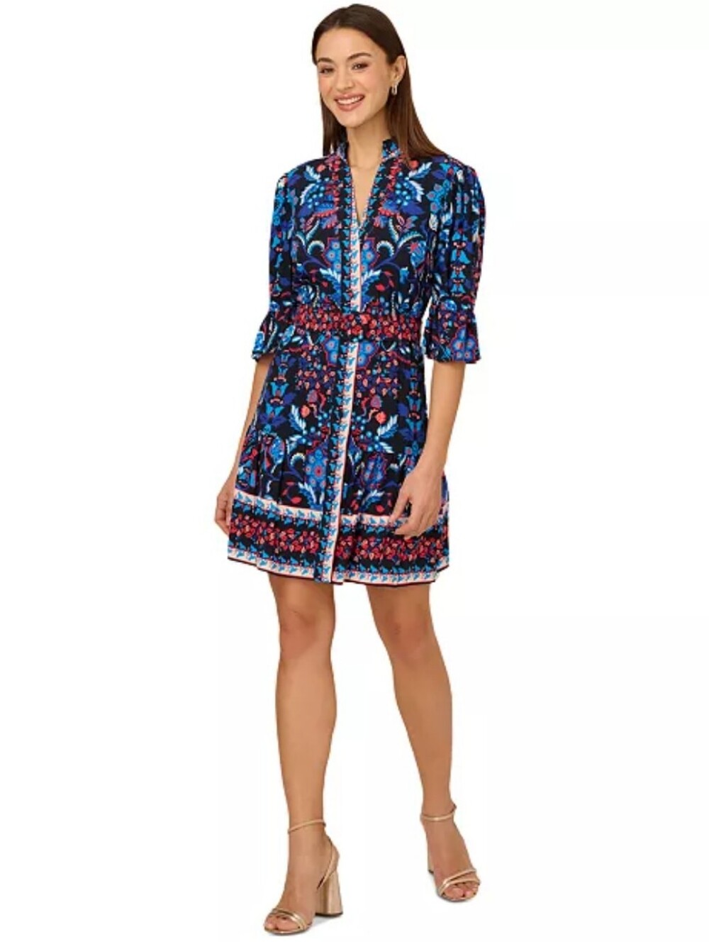 Adrianna Papell Navy Blue Floral Print Wrap Style Dress Size 8 Belted Boho $158
